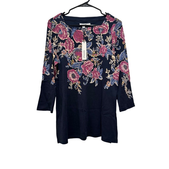 Chico's Tops - Chicos Floral Pima Cotton Knit Tunic Top 3/4 Sleeve Square Neck Navy‎ Size 1 M 8